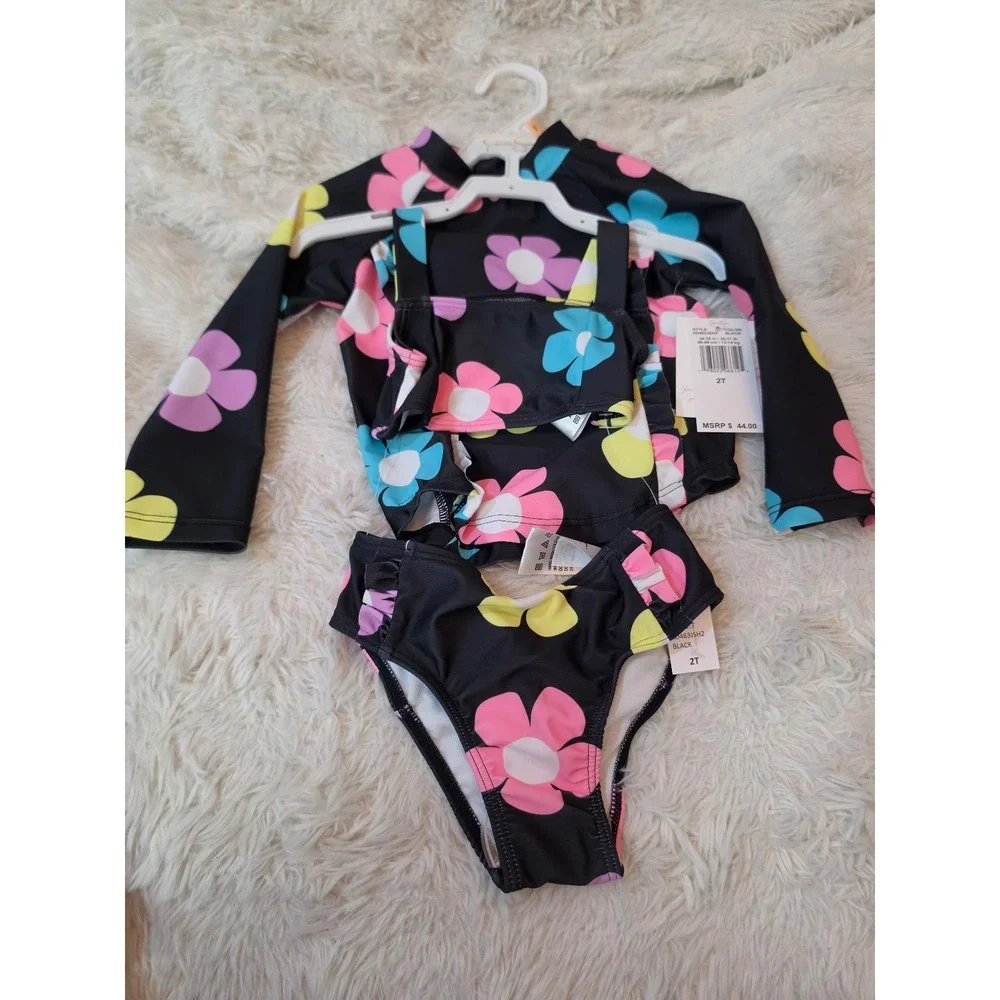 Jessica Simpson Baby Girls 3-Piece Rash Guard & Bikini Swim Set Black Floral 2T